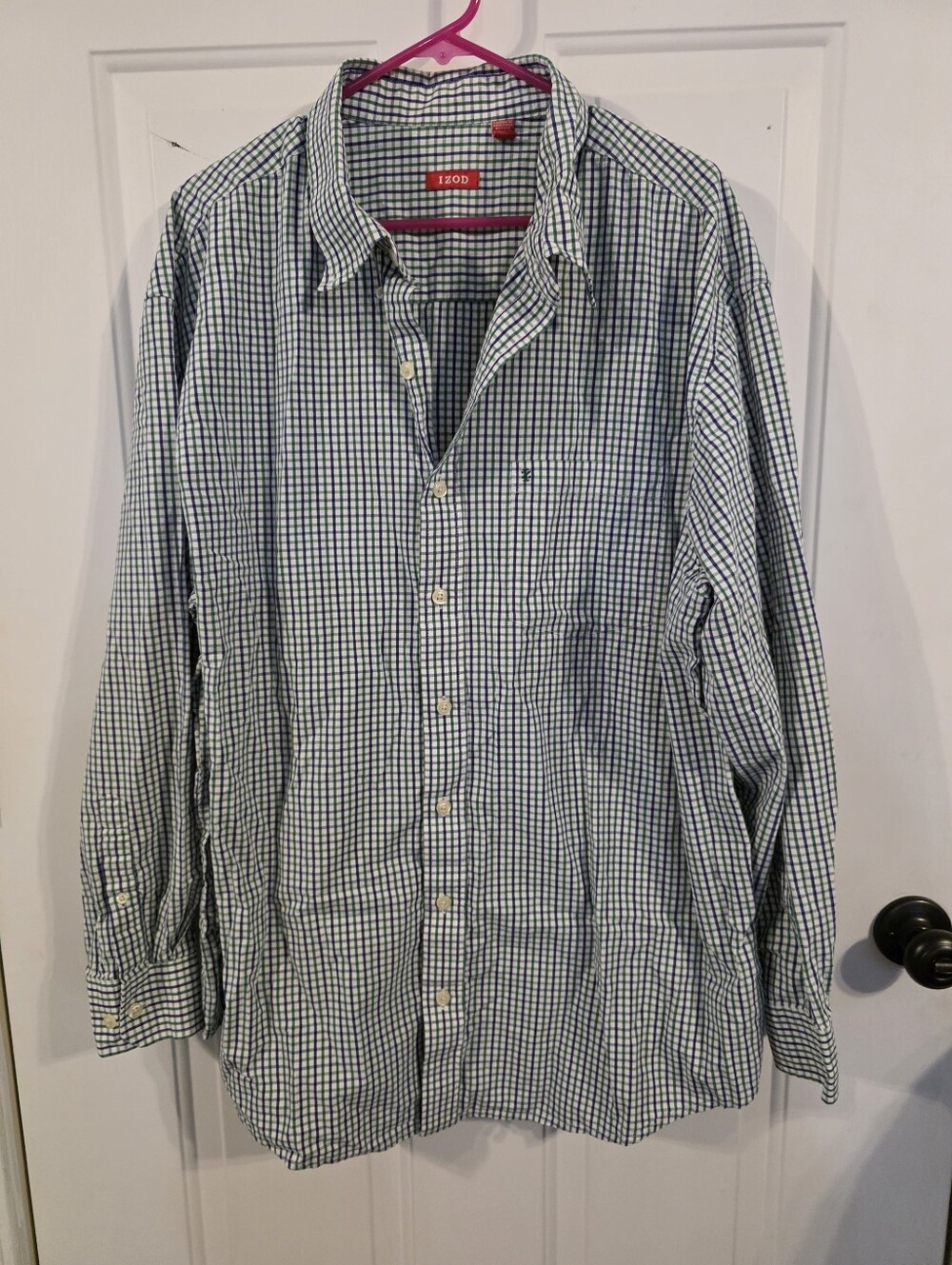 Men's Izod Green and White Plaid Button-Down Shirt